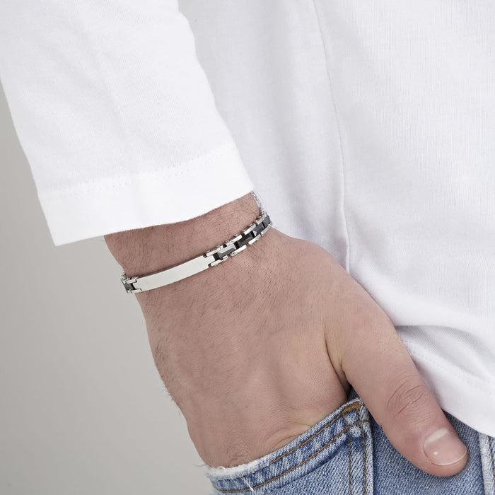 BRACCIALE UOMO IN ACCIAIO CON ELEMENTI IN CERAMICA NERA E MAGLIA NERA