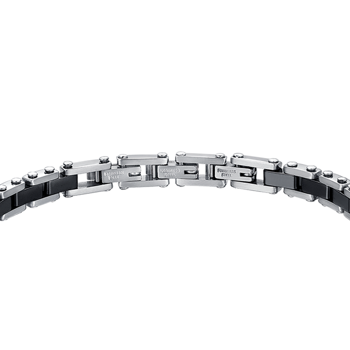 BRACCIALE UOMO IN ACCIAIO CON ELEMENTI IN CERAMICA NERA E MAGLIA NERA