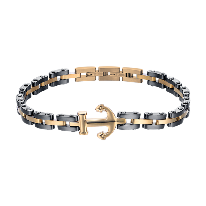 BRACCIALE UOMO IN ACCIAIO IP ROSE CON ELEMENTI IN CERAMICA NERA ED ANCORA