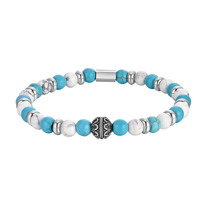 BRACCIALE UOMO ELASTICO CON PIETRE BLU E BIANCHE ED ELEMENTI IN ACCIAIO