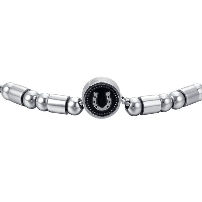 BRACCIALE UOMO IN ACCIAIO ELEMENTO CON FERRO DI CAVALLO SILVER E SMALTO NERO