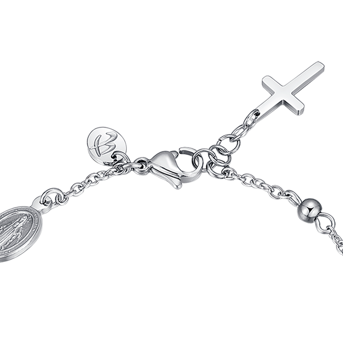 BRACCIALE UOMO IN ACCIAIO CON ROSARIO, CROCE PENDENTE E CRISTALLI NERI