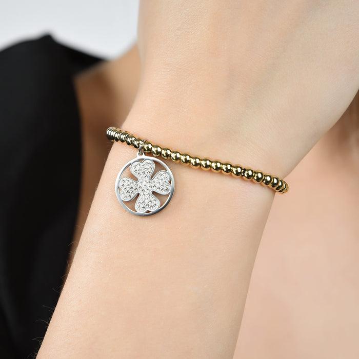 BRACCIALE IN ACCIAIO IP GOLD CON QUADRIFOGLIO IN ACCIAIO CON CRISTALLI BIANCHI