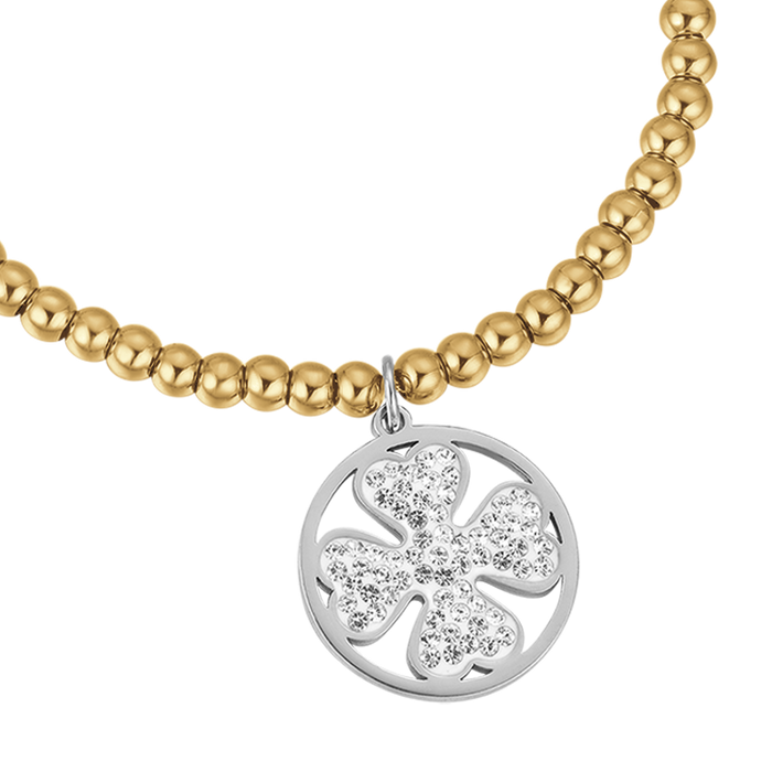 BRACCIALE IN ACCIAIO IP GOLD CON QUADRIFOGLIO IN ACCIAIO CON CRISTALLI BIANCHI