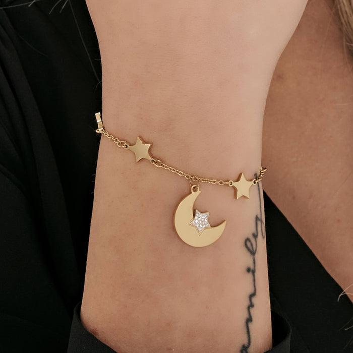BRACCIALE IN ACCIAIO IP GOLD CON LUNA E STELLE E CRISTALLO BIANCO