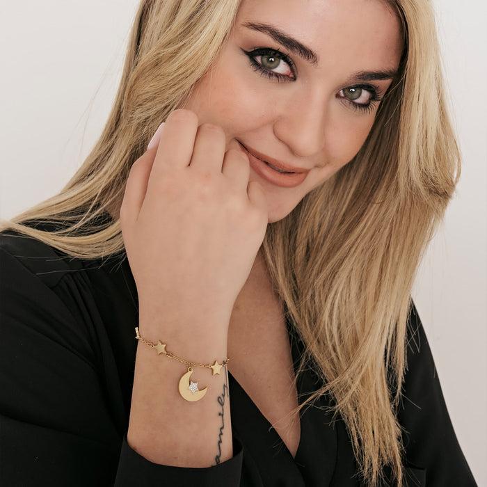 BRACCIALE IN ACCIAIO IP GOLD CON LUNA E STELLE E CRISTALLO BIANCO