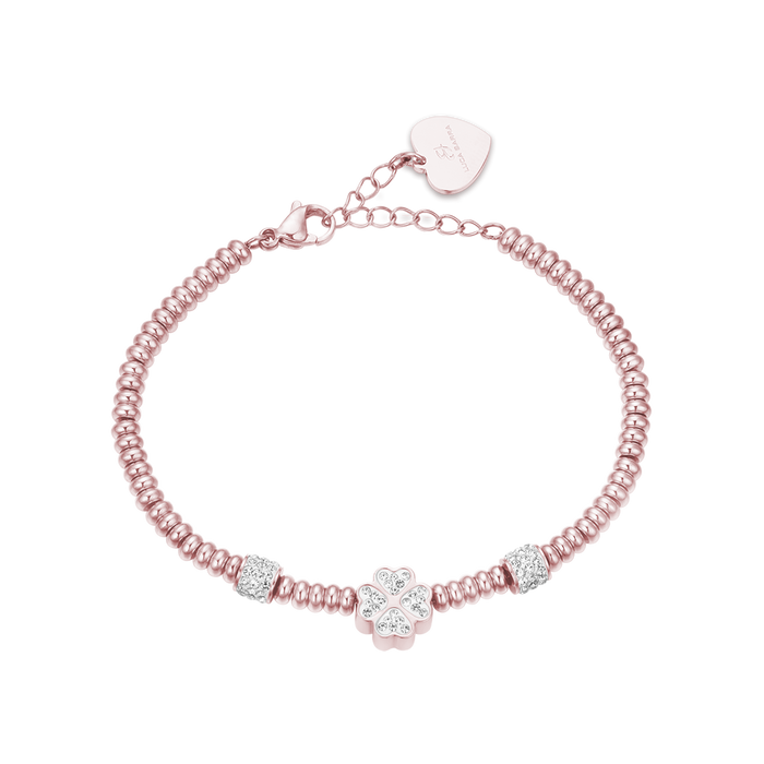 BRACCIALE IN ACCIAIO IP ROSE CON QUADRIFOGLIO CON CRISTALLI BIANCHI