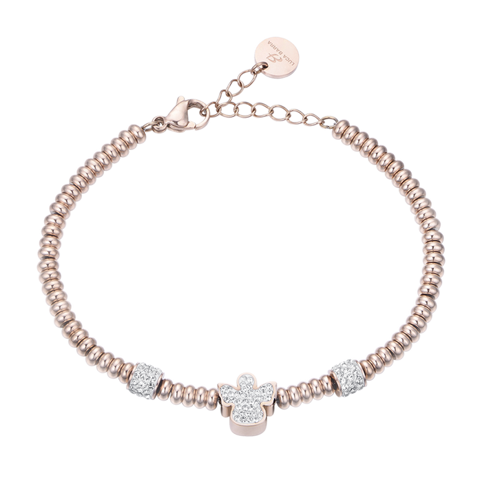 BRACCIALE IN ACCIAIO IP ROSE CON ANGELO CON CRISTALLI BIANCHI