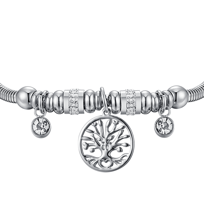 BRACCIALE DONNA IN ACCIAIO CON ALBERO DELLA VITA E CRISTALLI BIANCHI
