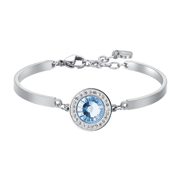 BRACCIALE DONNA IN ACCIAIO ELEMENTO CRISTALLO ACQUAMARINA E CRISTALLI BIANCHI
