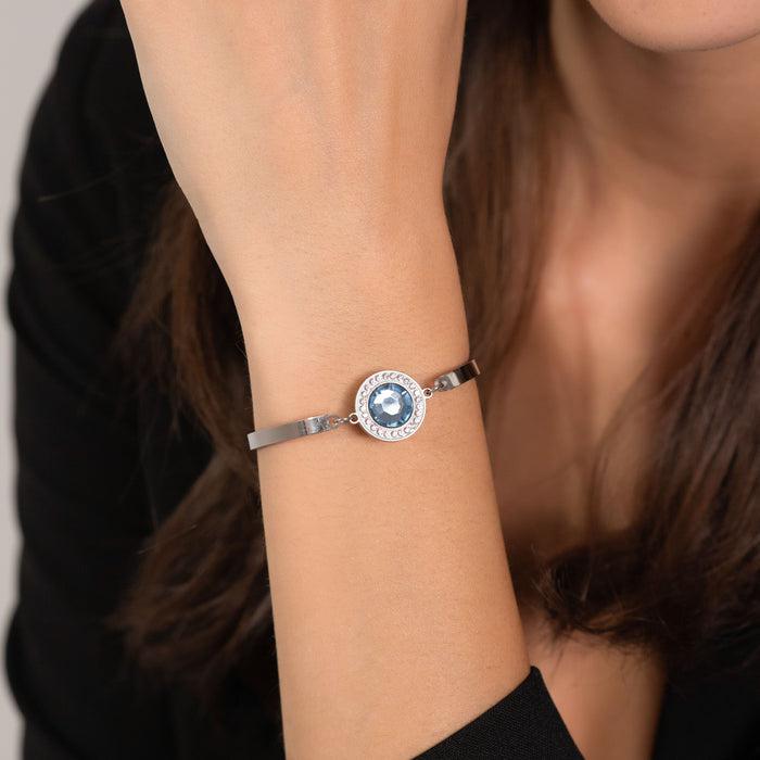 BRACCIALE DONNA IN ACCIAIO ELEMENTO CRISTALLO ACQUAMARINA E CRISTALLI BIANCHI