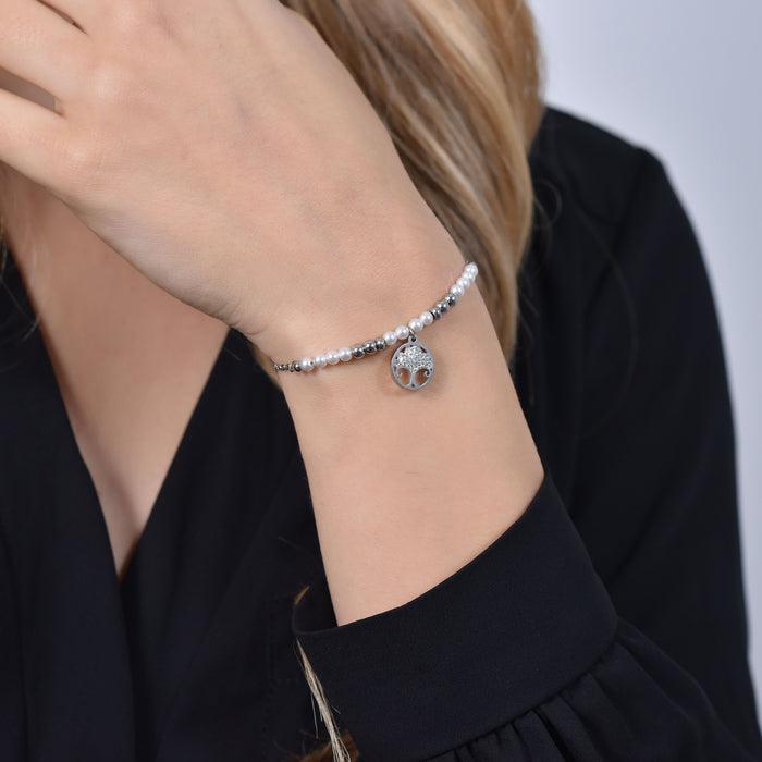 BRACCIALE DONNA IN ACCIAIO CON PERLE E COCCINELLA