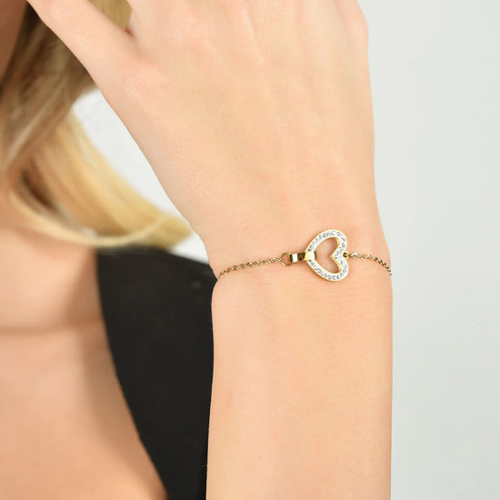 BRACCIALE DONNA IN ACCIAIO IP GOLD CON CUORE E CRISTALLI BIANCHI ED ELEMENTO