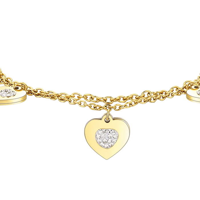 BRACCIALE DONNA IN ACCIAIO IP GOLD CON CUORI E CRISTALLI BIANCHI