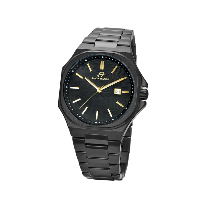 OROLOGIO UOMO IN ACCIAIO IP NERO QUADRANTE NERO, DETTAGLI IP GOLD