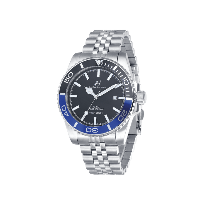 OROLOGIO CON CASSA IN ACCIAIO QUADRANTE NERO GHIERA NERA E BLU