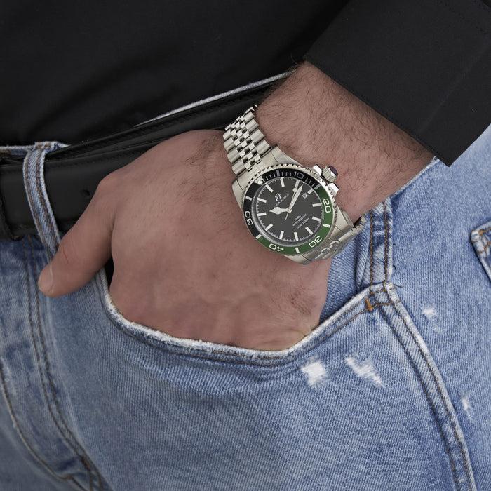 OROLOGIO CON CASSA IN ACCIAIO QUADRANTE NERO GHIERA NERA E VERDE