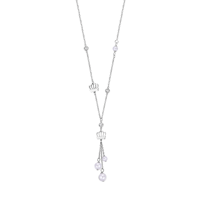 COLLANA IN ACCIAIO CON CORONE E PERLE BIANCHE