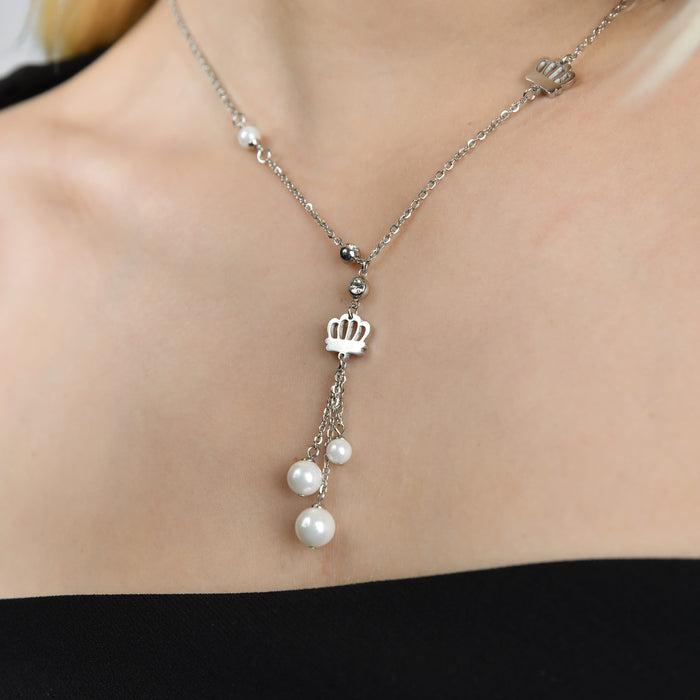 COLLANA IN ACCIAIO CON CORONE E PERLE BIANCHE