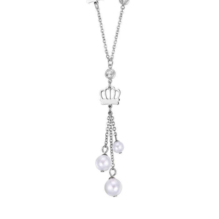COLLANA IN ACCIAIO CON CORONE E PERLE BIANCHE