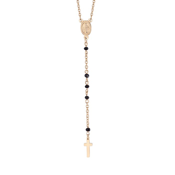 COLLANA DONNA ROSARIO IN ACCIAIO CON CRISTALLI NERI CON PENDENTE