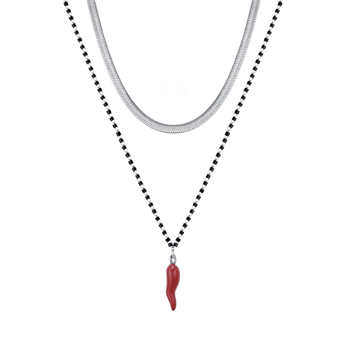 COLLANA DONNA IN ACCIAIO CON CORNO CON SMALTO ROSSO ED ELEMENTI NERI