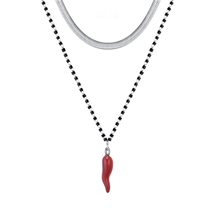 COLLANA DONNA IN ACCIAIO CON CORNO CON SMALTO ROSSO ED ELEMENTI NERI