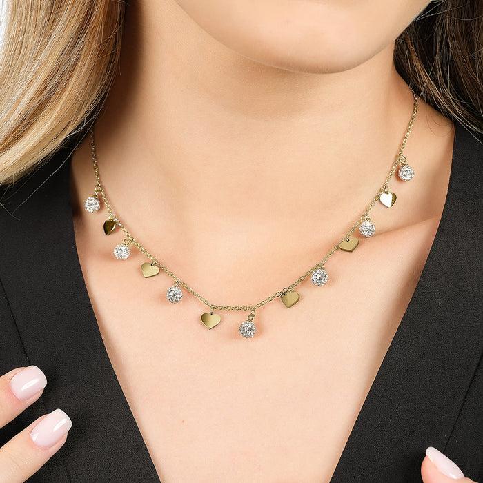 COLLANA DONNA IN ACCIAIO IP GOLD CON CUORI E CRISTALLI BIANCHI