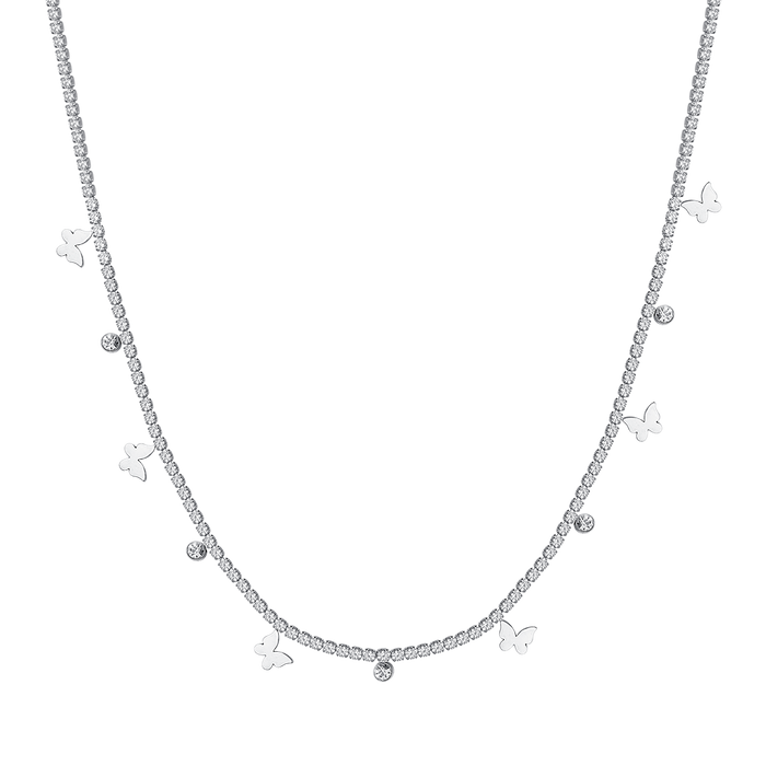 COLLANA TENNIS DONNA IN ACCIAIO CON CRISTALLI BIANCHI E FARFALLE