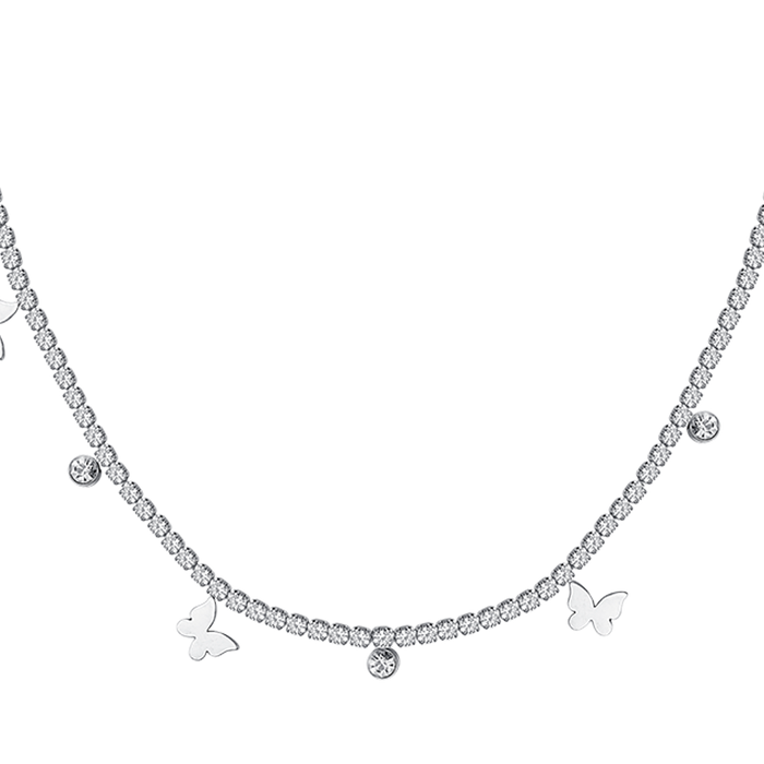 COLLANA TENNIS DONNA IN ACCIAIO CON CRISTALLI BIANCHI E FARFALLE