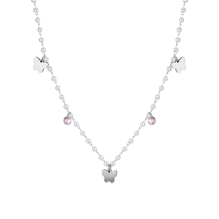 COLLANA DONNA IN ACCIAIO PERLE CON FARFALLE