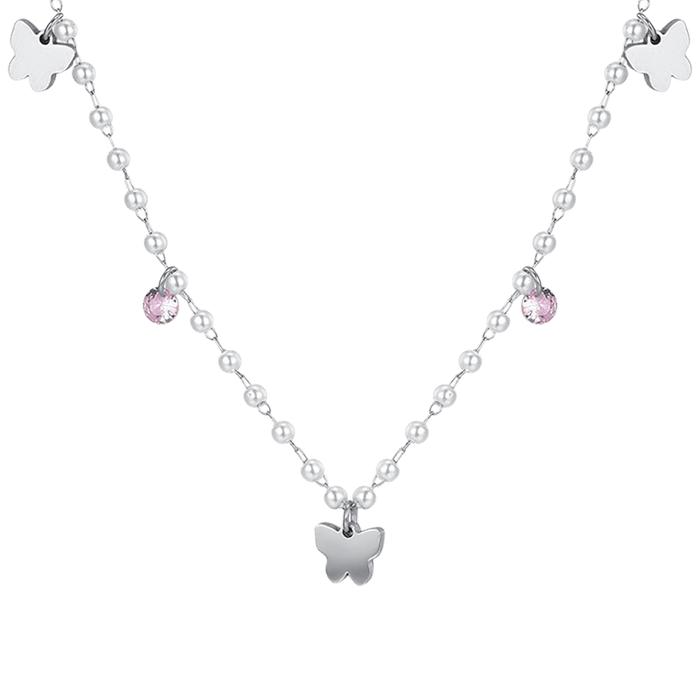 COLLANA DONNA IN ACCIAIO PERLE CON FARFALLE