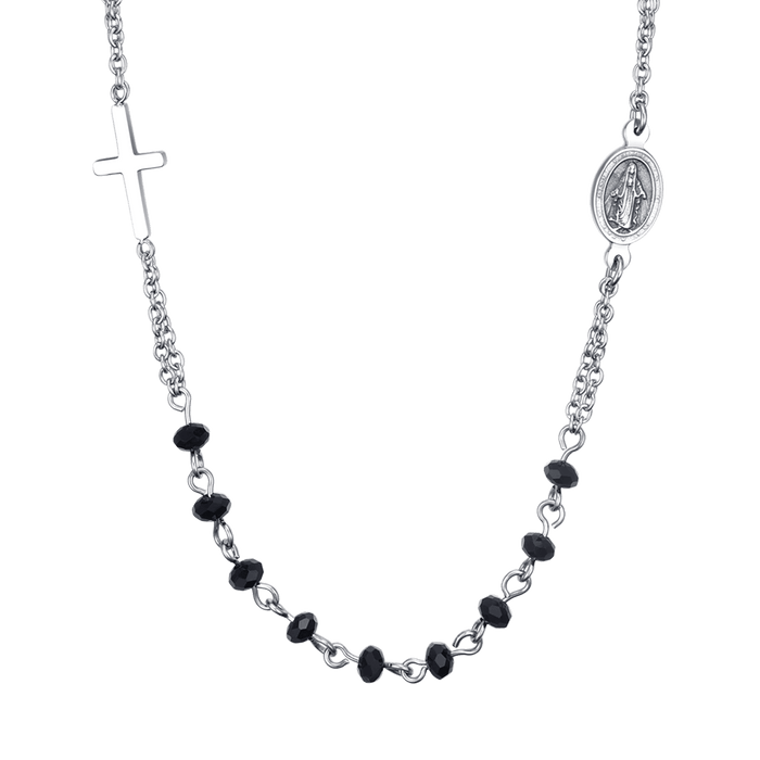 COLLANA UOMO ROSARIO IN ACCIAIO CON CRISTALLI NERI