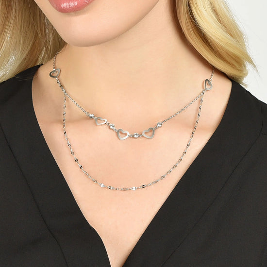 COLLANA DONNA MULTIFILO IN ACCIAIO CON CUORI TRAFORATI E CRISTALLI BIANCHI
