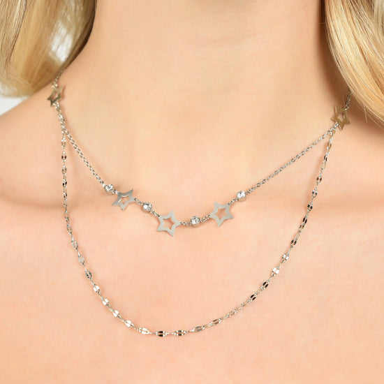 COLLANA DONNA MULTIFILO IN ACCIAIO CON STELLE TRAFORATE E CRISTALLI BIANCHI