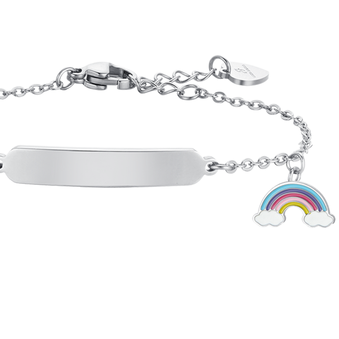 BRACCIALE BAMBINA IN ACCIAIO CON ARCOBALENO E PIASTRA