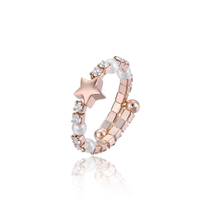 Anello Regolabile In Metallo Ip Rose Con Stella Cristalli E E Perle Bianche