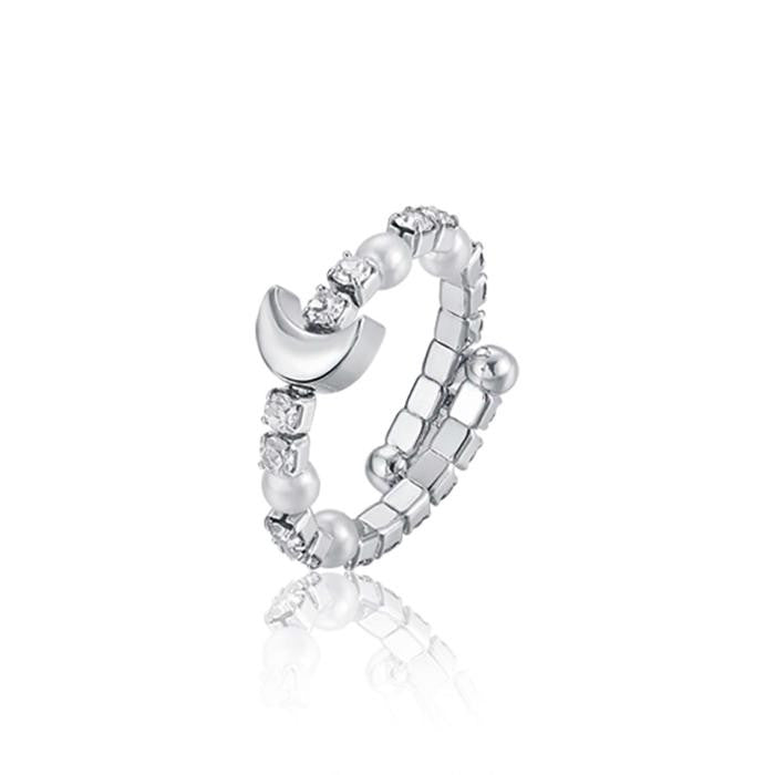 Anello Regolabile In Metallo Con Luna Cristalli E Perle Bianche