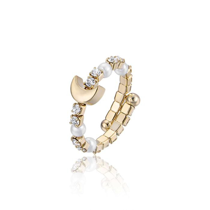Anello Regolabile In Metallo Dorato Con Luna Cristalli E Perle Bianche