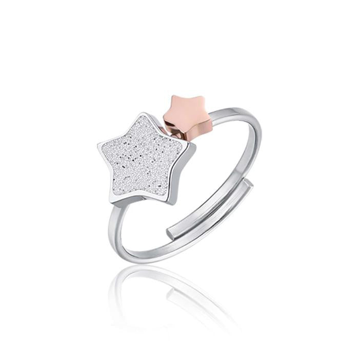 Anello Regolabile In Acciaio Con Stelle In Acciaio Ip Rose E Glitter Bianco