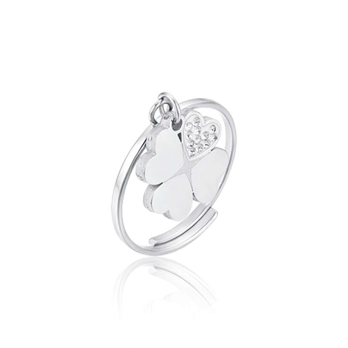Anello In Acciaio Con Quadrifoglio Con Cristalli Bianchi