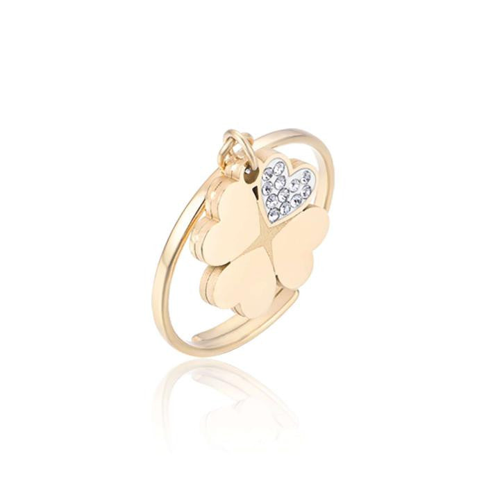 Anello In Acciaio Ip Gold Con Quadrifoglio Con Cristalli Bianchi