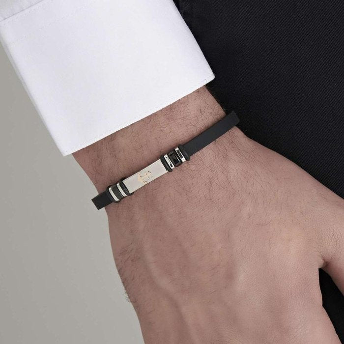 Bracciale in silicone nero con piastra in acciaio e ancora ip rose