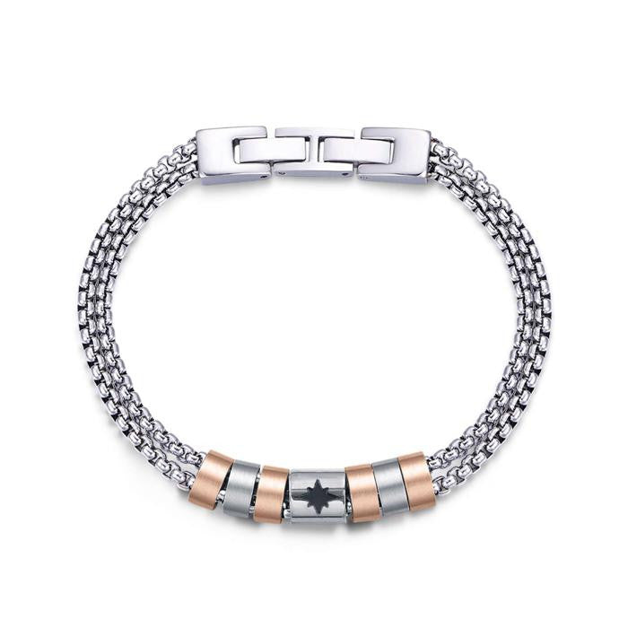 Bracciale In Acciaio Con Elementi Ip Rose E Rosa Dei Venti In Smalto Nero