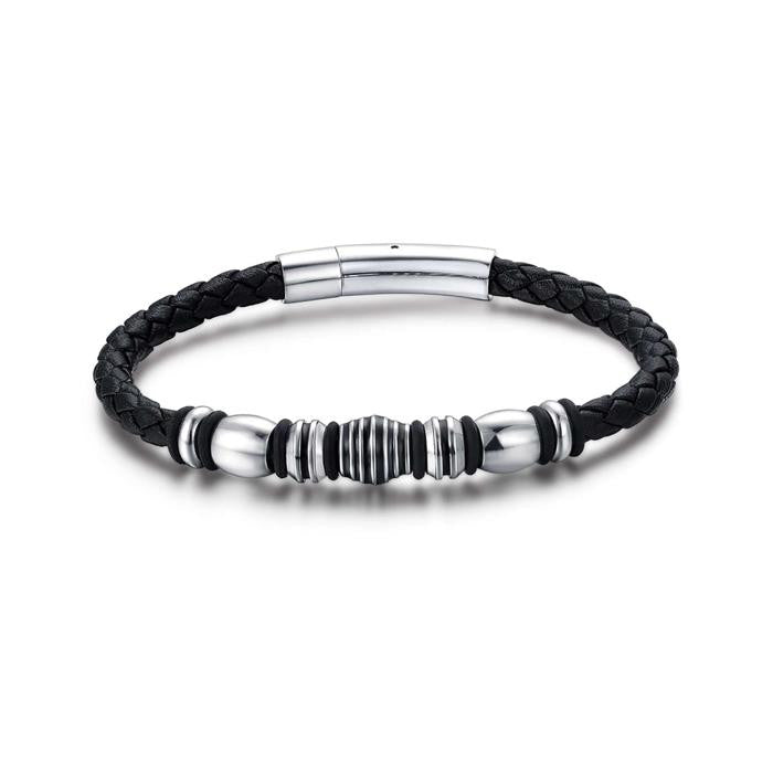 Bracciale In Pelle Nera Con Elementi In Acciaio