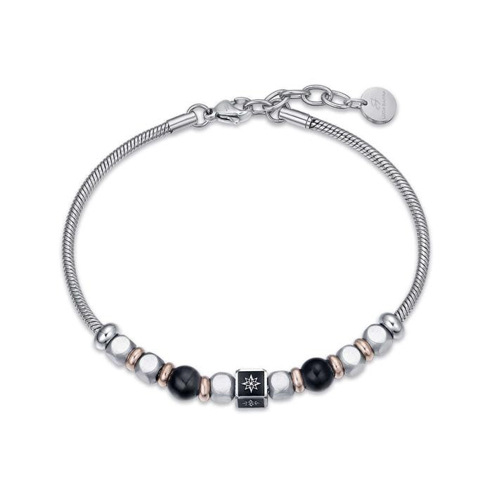 Bracciale In Acciaio Con Pietre Nere Con Simbolo