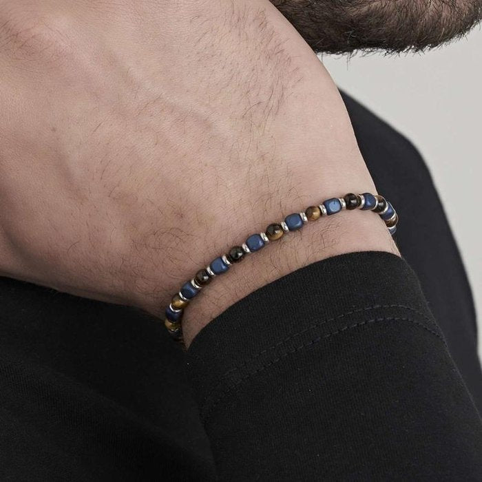 Bracciale in acciaio con pietre occhio di tigre e blu
