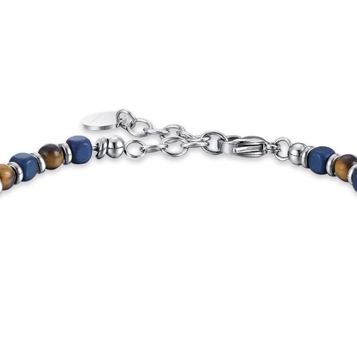 Bracciale in acciaio con pietre occhio di tigre e blu