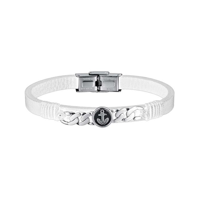 Bracciale in acciaio e pelle bianca con ancora