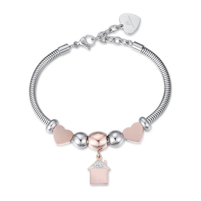 Bracciale In Acciaio Con Casa Ip Rose Con Cristalli Bianchi E Cuori Ip Rose